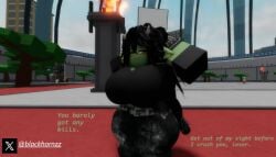 big_ass big_breasts black_hair blackhornzz brat bratty goblin goblin_female green_skin horns long_hair roblox thick_thighs white_eyes yellow_eyes