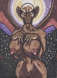 bald bald_female bald_head bat_wings big_breasts big_ears big_hands big_nipples bodypaint breasts brown_eyes claws colored dark_body dark_skin face_paint facial_tattoo female finger_claws full_moon gargoyle genitals glistening glistening_head hi_res huge_breasts huge_nipples humanoid light long_nipples mammal marker_(artwork) markers membrane_(anatomy) membranous_wings midair monotreme monster moon moonlight night nipples nude nude_female pussy round_ears small_waist surixana_maritima tall_female tattoo traditional_media_(artwork) wide_hips wings xemxemgulion