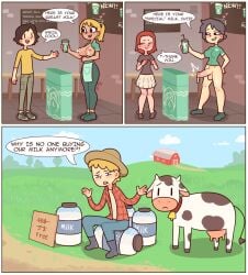 1futa 2boys 2girls areolae balls big_breasts big_penis black_hair blonde_hair blush bottomless bovine breasts brown_hair casual clothed clothing comic cum cum_in_container dialogue digital_media_(artwork) english_text erect_penis erection farm female fully_clothed funny futanari hat hi_res human humor i_mean_breast_milk iced_latte_with_breast_milk iced_latte_with_dick_milk lactation large_breasts light-skinned_female light-skinned_futanari light_skin male meme mostly_clothed nipples outdoors outerwear pale_skin panels partially_clothed penis precum presenting public red7cat short_hair skirt speech_bubble standing starbucks text