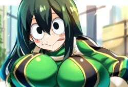 1girls ai_generated big_breasts black_eyes bodysuit female frog frog_girl green_hair huge_breasts looking_at_viewer mullon my_hero_academia novelai solo superheroine tsuyu_asui