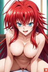 1girl1boy ai_generated bed bedroom big_breasts blue_eyes evil_smile high_school_dxd indoors_sex long_hair naked patreon red_hair rias_gremory sex straddling