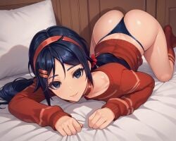 ai_generated anime_style ass_up blue_eyes blue_hair female indoors laying_down laying_on_stomach miside mita(miside) partially_clothed red_sweater