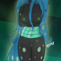 anthro arthropod big_breasts blue_hair breasts changeling female friendship_is_magic green_nipples grey_body hair hasbro hi_res holes_in_body my_little_pony nipples queen_chrysalis_(mlp) signature solo wornpaladin worny