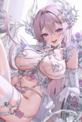 blurry bow breast_strap breasts collar crystal_horns depth_of_field earrings elbow_gloves female flower flower_in_hair frilled_sleeves frills garter_belt garter_straps gloves groin heart heart_o-ring highres jewelry large_breasts looking_at_viewer love_cacao oerba_yun_fang original pink_background pink_hair pointy_ears purple_eyes purple_flower sitting smile solo spiked_collar spikes thighhighs thighs thorns white_background