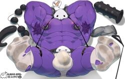 1boy anal_beads_tail armpit_hair armpits bara bondage bondage_harness bottomwear bulge bulge_through_clothing condom dad_(dad_n_me) dad_n_me dildo feet feet_up male_focus male_only mask masked muscles muscular muscular_arms muscular_male newgrounds nipple_piercing nipples purple_skin rubberbark sex_toy socks socks_on solo sweat topless underwear veiny_muscles white_background white_socks