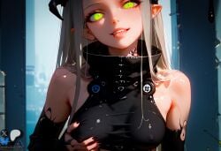 ai_generated goddess_of_victory:_nikke green_eyes groping_own_breast head_tilt horns leviathan_(nikke) minokai nipple_bulge self_upload slit_pupils white_hair