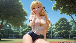ahoge ai_generated bench blonde_hair blue_sky breasts buruma covered_nipples day female gym_uniform hair_ribbon hand_on_own_cheek hand_on_own_face long_hair medium_breasts meitabuu midriff navel no_bra outdoors purple_eyes ribbon road_sign rwby see-through shirt short_sleeves sitting sky smile solo sweat tied_shirt tree wet wet_clothes wet_shirt white_shirt yang_xiao_long