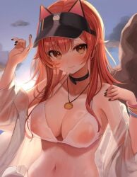 0707_una 1girls closed_mouth edit navel nekota_tsuna nipples orange_eyes red_hair see-through_clothing solo virtual_youtuber vspo!