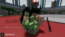 big_ass big_breasts black_hair blackhornzz brat bratty bratty_correction bratty_submissive choke_hold choking choking_during_sex choking_while_penetrating defeat_sex defeated goblin goblin_female green_skin horns long_hair naked roblox thick_thighs white_eyes yellow_eyes