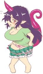 1_horn 1girls accurate_art_style artist_request barefoot chibi chibi_only chibi_style cleavage collarbone erotic_chibi green_shirt green_shorts gyate_gyate horn long_hair looking_at_viewer meme open_mouth panties pink_panties plaid_shorts pointy_ears purple_hair purple_horn purple_tail red_eyes shirt solo source_request tail tenkajin_chiyari thick_thighs touhou transparent_background