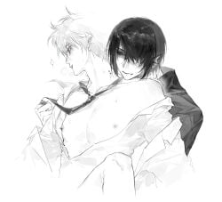 2boys bite_mark blush class_3-z ear_fins gay gintama gintoki_sakata hair_over_one_eye male male_only merfolk merman monochrome necktie nipple_piercing nipples off_shoulder official_alternate_costume open_shirt pecs smile takasugi_shinsuke teacher tears wy3163561826160 yaoi youkai