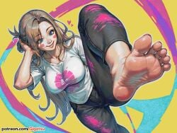 ai_generated barefoot blonde_hair feet foot_fetish foot_focus gigatsu poster seductive seductive_pose sole_female soles toes vaporwave