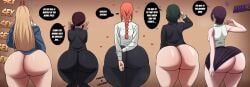 5girls ass ass_comparison ass_focus ass_size_difference big_ass black_hair blonde_hair bottom_heavy bottomless bubble_butt chainsaw_man clothing dat_ass dialogue fat_ass female female_only higashiyama_kobeni himeno_(chainsaw_man) horns horny horny_female huge_ass jacket kibou-kage large_ass makima_(chainsaw_man) massive_ass no_panties pants png power_(chainsaw_man) rear_view red_hair reze_(chainsaw_man) shirt skirt suit text thick_ass thick_thighs thought_bubble thunder_thighs wide_hips