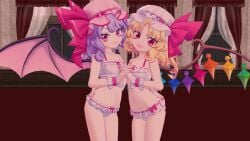 2girls 3d bat_wings blonde_hair flandre_scarlet interlaced_fingers looking_at_viewer mmd remilia_scarlet sapphiercity sisters smiling tagme touhou underwear vampire vampire_girl wings