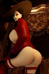 1girls 3d alcina_dimitrescu ass back_view big_ass big_breasts breasts_out female female_only hat large_breasts lipstick looking_at_viewer looking_back mature_female milf mr._k pale-skinned_female pale_skin resident_evil resident_evil_8:_village smile smiling solo thick_thighs white_skin