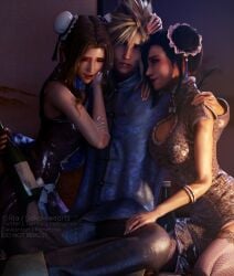 1boy 2girls aerith_gainsborough after_kiss blonde_hair blonde_hair_male blue_eyes bottle cleavage_cutout cloud_strife female final_fantasy final_fantasy_vii final_fantasy_vii_remake girl_sandwich hairbun lipstick lipstick_mark lipstick_mark_on_face male male/female multiple_girls red_lipstick ria-neearts sandwiched tifa_lockhart tifa_lockhart_(sporty_dress)