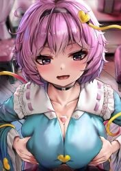 bar_censor black_choker black_hairband blurry blurry_background blush breasts censored choker cleavage collarbone commentary_request female hairband heart highres indoors komeiji_satori large_breasts messy_hair paizuri paizuri_under_clothes pink_eyes pink_hair pov short_hair solo_focus touhou upper_body variant_set yamataka