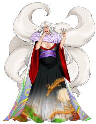 1girls animal_ears artwithmoira big_breasts clothed corruption_of_champions_ii female female_only fox_ears keros_(corruption_of_champions) kitsune pregnant sharp_teeth solo thick_thighs white_hair