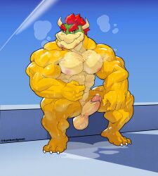 1boy 2022 abs absurd_res anthro balls bara barazoku biceps big_muscles bodily_fluids body_hair bowser chest_hair claws dumbandgreen erection eyebrows facial_hair gay genitals hair hi_res horn humanoid_genitalia humanoid_penis koopa looking_at_viewer male male_only mario_(series) muscular muscular_anthro muscular_male musk nintendo nipples non-mammal_balls non-mammal_nipples nude obliques pecs penis scalie sitting smile solo sweat text thick_thighs url vein video_games wet wet_body