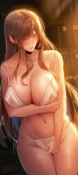 arm_under_breasts bare_arms bare_belly bare_legs bare_shoulders bare_thighs belly_button big_breasts blue_eyes blush bra breasts brown_eyes cleavage closed_mouth collarbone embarrassed ero404 groin indoors lingerie long_hair manhwa mature_female milf milf_hunting_in_another_world nipples_visible_through_bra panties pornhwa see-through_underwear shiny_skin thighs underwear verdia_(milf_hunting_in_another_world) webtoon white_bra white_panties