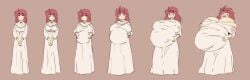 1girl belly_expansion breast_expansion cute dress huge_breasts lactation milk pregnant rapid_pregnancy red_hair ripped_clothing schmuddlejuice sequence tagme