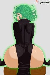 big_ass dcreature666 glowing green_eyes green_hair looking_at_viewer looking_back sitting tatsumaki tight_clothing tight_dress