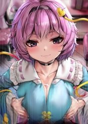 bar_censor black_choker black_hairband blurry blurry_background blush breasts censored choker cleavage closed_mouth collarbone commentary_request female hairband heart highres indoors komeiji_satori large_breasts messy_hair motion_lines paizuri paizuri_under_clothes pink_eyes pink_hair pov short_hair solo_focus touhou upper_body variant_set yamataka