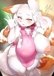 anthro areola big_breasts blush breasts canid canine collar female fox fur genitals gontyan1015 looking_at_viewer mammal nipples renard_(homura_kasuka) smile solo white_body white_fur