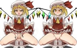 1futa 1girls balls blonde blonde_female blonde_hair bottomless breasts censored clone covered_pussy epic_armageddon erection flandre_scarlet futa_with_female futanari heart-shaped_pupils humanoid humanoid_penis light-skinned_futanari light_skin medium_breasts nipples nude nude_futanari orange_eyes pale_skin small_breast solo squatting touhou vampire vampire_girl wings