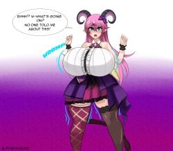 1girls alphaerasure ass_expansion big_breasts breast_expansion breasts dialogue hololive hololive_gen_5 hololive_japan horns huge_breasts mano_aloe succubus thick_thighs thighhighs virtual_youtuber