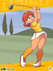 1girls brown_hair female female_only full_body furboz going_commando golf mario_(series) mario_golf nintendo no_panties no_underwear outdoors princess_daisy pussy shaved_pussy solo solo_female tan_skin vulva