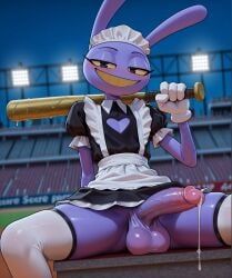 ai_generated balls baseball_bat jax_(the_amazing_digital_circus) looking_at_viewer maid_uniform male penis precum sitting solo the_amazing_digital_circus trueliamay yellow_eyes