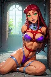 ai_generated bondage bondage bound dc dc_comics green_eyes long_hair medium_breasts naughtygirlsai orange_skin red_hair rope rope_bondage teen_titans