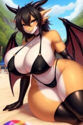 1girls ai_generated anthro beach bikini cameltoe dragon_girl female female_only frosting.ai furry huge_breasts looking_at_viewer nipple_bulge outdoors tagme thesadman_ thick thick_ass thick_thighs thighhighs wide_hips