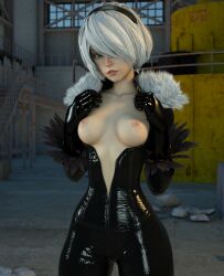 1girls 2022 3d belly_button black_hairband bodysuit breasts fanart female female_only gray_hair grey_hair hairband large_breasts navel nier:_automata nipples short_hair slushe_(website) solo solo_female thighs unzipped_bodysuit white_hair wide_hips yorha_2b zafo