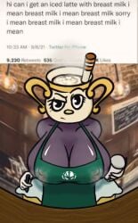 animate_inanimate apron beverage big_breasts blue_bottomwear blue_clothing blue_skirt bodily_fluids bottomwear breasts cashier clothing coffee coffee_cup coffee_shop container cup cuphead:_the_delicious_last_course cuphead_(game) eyebrows female female_only fisheye_lens green_apron humanoid i_mean_breast_milk iced_latte_with_breast_milk lactating lactating_through_clothing latte_(disambiguation) latte_art meme milk ms._chalice nuvostalis raised_eyebrow skirt solo starbucks steam straw thick_thighs twitter unimpressed video_games wet wet_clothing