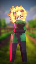 3d arm_holding blur_censor cute duobin flower_petals glowing_hair goggles_on_head large_breasts minecraft plant_girl plants_vs_zombies solar_flare_(pvz) sunflower_(pvz)