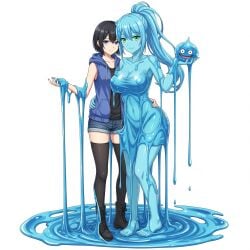 2girls ai_generated black_boots black_hair black_legwear black_shirt blue_eyes blue_hair blue_hoodie breasts cleavage female fusion green_eyes hair human_female large_breasts long medium_breasts nude ponytail short_hair sleeveless_shirt slime slime_girl transformation transformation_sequence