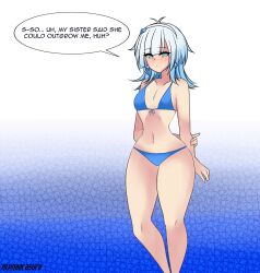 alphaerasure ass_expansion blue_bikini blue_eyes blue_hair breast_expansion dialogue imminent_expansion