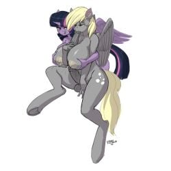 2girls animal_ears black_hair black_skin blonde_hair borrowed_character breast_grab breasts futanari grabbing huge_breasts long_hair monster_girl multiple_girls my_little_pony nipples nude penis purple_skin short_hair tail wings yellow_eyes yuri