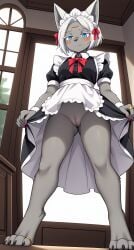 1girls 2024 ai_generated anthro ass_visible_through_thighs blue_eyes blushing digitigrade dress embarrassed female female_only grey_body hi_res indoors innie_pussy looking_at_viewer looking_down low-angle_view maid maid_headdress maid_uniform mineru nintendo no_panties plump_labia pussy short_hair the_legend_of_zelda the_legend_of_zelda:_tears_of_the_kingdom white_hair zonai