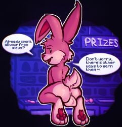 anthro anus arcade arcade_bunny ass backsack balls buckteeth dialogue feet genitals hi_res kneeling lagomorph leporid looking_at_viewer looking_back male mammal mascot nintendo nintendo_badge_arcade nude on_counter open_mouth pawpads paws presenting rabbit rear_view solo speech_bubble teeth yunowhotodo