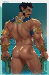 1boy absurdres armband artist_name ass back back_muscles bara beard black_hair collar dark_skin ear_piercing facial_hair feet_out_of_frame gauntlets gay green_eyes highres huge_ass in_water jewelry male_focus manly marvel_rivals mature_male moustache muscular muscular_male namor necklace ocean piercing pointy_ears short_hair signature solo tankboy testicles thick_arms thick_eyebrows thick_thighs thighs towel wide_back yaoi