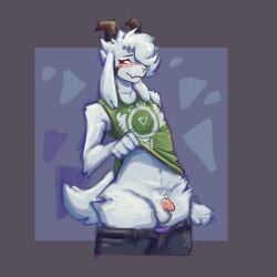 anthro arino asriel_dreemurr blush clothed clothing clothing_lift flaccid foreskin fur genitals hi_res humanoid_genitalia male penis shirt simple_background small_penis solo tail tank_top topwear undertale undertale_(series) white_body white_fur