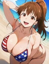 ai_generated american_flag_bikini bare_thighs beach bikini brown_eyes brunette_hair gigantic_breasts huge_breasts huge_thighs light-skinned_female light_skin looking_at_viewer massive_breasts ponytail shortstack smiling solo_female squatting sweat sweatdrop taneshima_popura thick_body thick_female thick_thighs thighs voluptuous voluptuous_female working!! zenzen