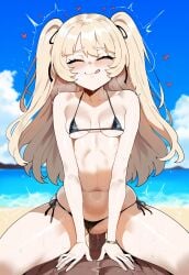 1boy 1girls ai_generated azur_lane bache_(azur_lane) beach bikini_aside black_bikini blonde_hair blush cowgirl_position creamy_ai dark-skinned_male girl_on_top interracial interracial_sex licking_lips long_hair micro_bikini navel outdoor_sex outdoors penis purple_eyes sex small_breasts straddling sweat twintails uncensored vaginal_penetration