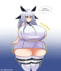 1girls alphaerasure arknights ass_expansion big_breasts breast_expansion breasts dialogue huge_breasts ptilopsis_(arknights) thick_thighs thighhighs white_hair yellow_eyes