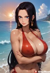 1girls ai_generated aliusnext beach bikini black_hair blue_eyes boa_hancock chubby earrings female huge_ass huge_breasts light-skinned_female light_skin long_hair one_piece one_piece_swimsuit patreon red_bikini sweat