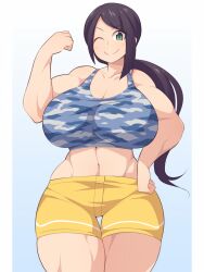 1girls big_breasts breasts_bigger_than_head enormous_breasts flexing huge_breasts long_hair muscular muscular_female muscular_legs tagme tanktop uccow wink