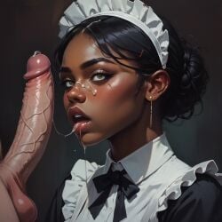 1boy 1girls after_oral ai_generated cum dark-skinned_female huge_cock interracial jokerofhearts light-skinned_male maid maid_uniform